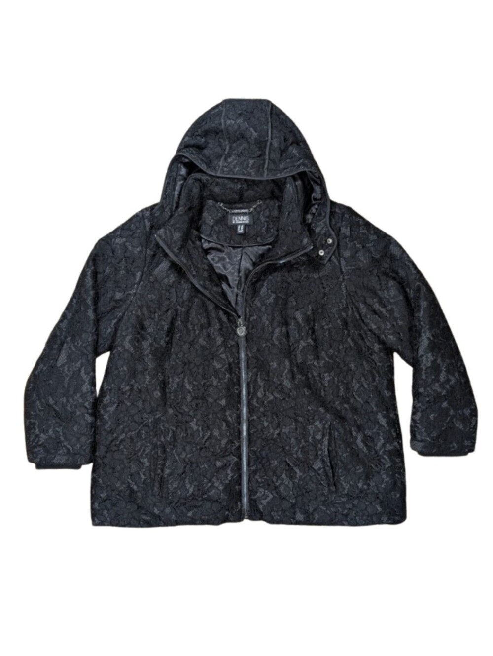 Dennis Basso Lace Detachable Hood Coat Black Plus 2X